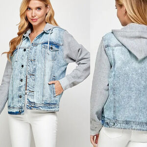 Blank NYC Hooded Fury Button Front Light Denim Jacket Blue/Gray M